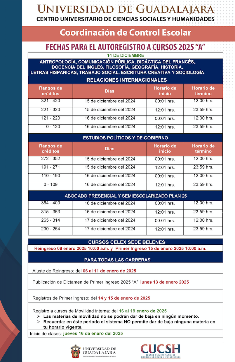 Coordinación de Control Escolar del CUCSH, informa las Fechas para el